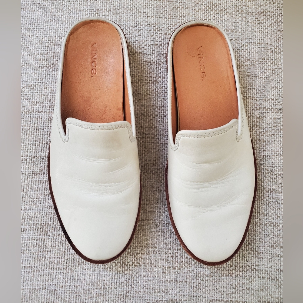 Vince White and Tan Leather-Trim Slip-On Mules - Picture 7 of 16